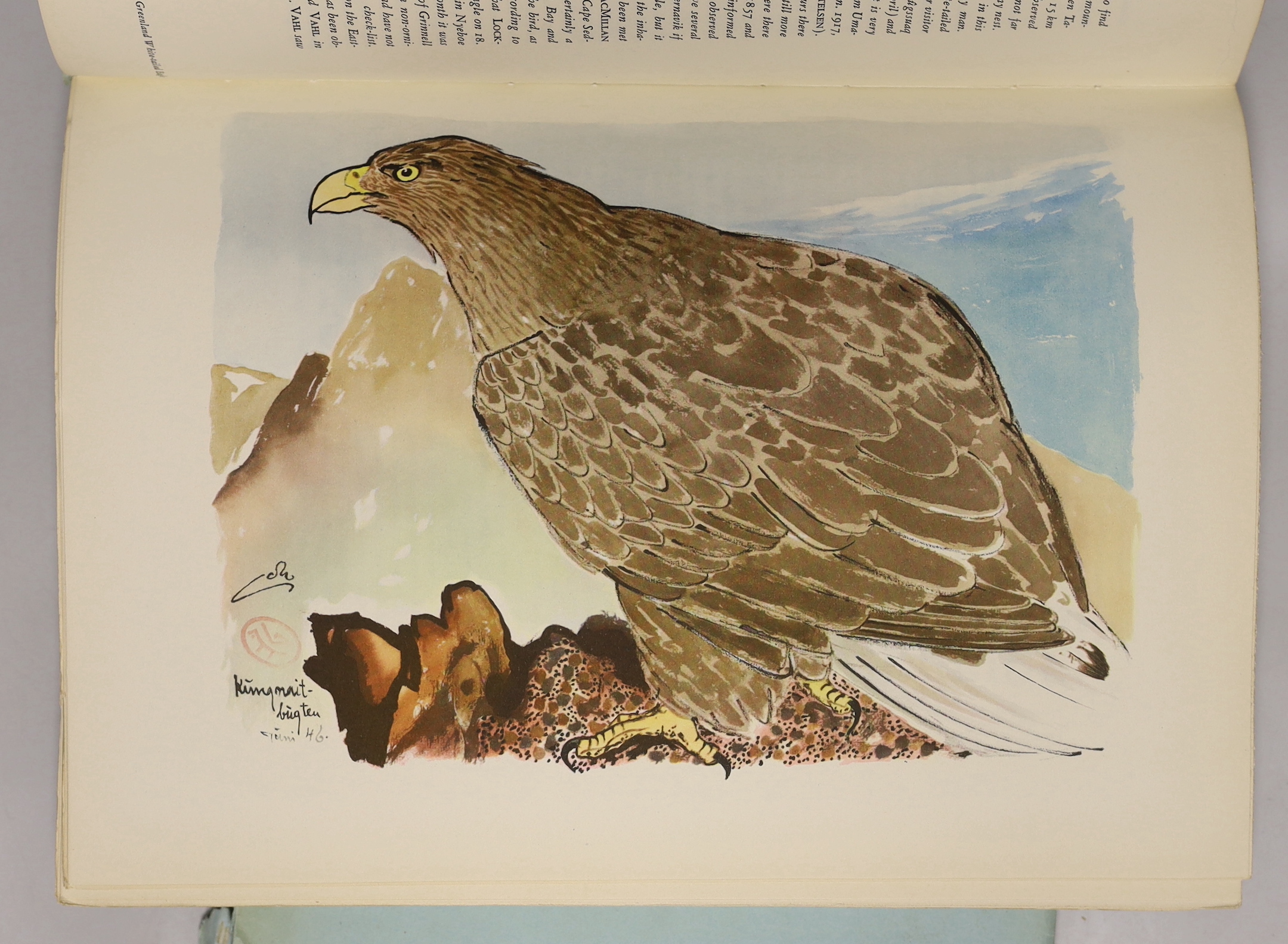 Salomonsen, Finn - Gronlands Fugle: the Birds of Greenland. 3 Parts, 52 coloured plates, folded and a coloured map in separate folder, 8pp. Prospectus (with 2 coloured plates) also present; original printed pictorial wra